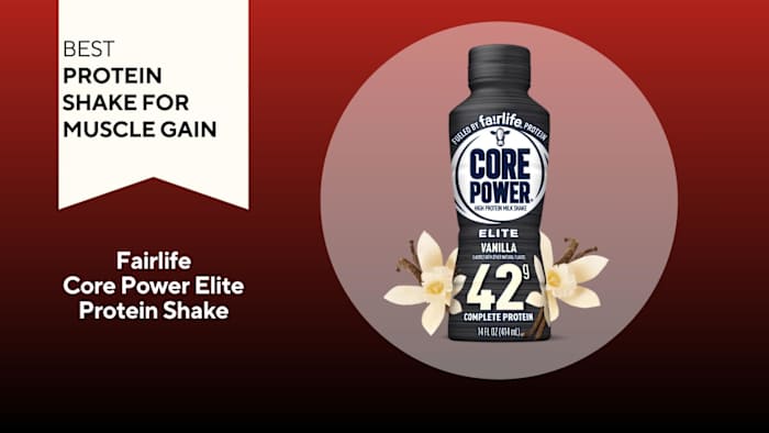 A red background with a white banner reading "Best Protein Shake for Muscle Gain" next to a black and white bottle of Fairlife Core Power Elite protein shake in Vanilla flavor